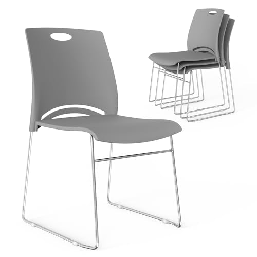 VINGLI Stacking Chairs Set of 4 Stackable Office Chairs with Metal Sled Base, Ergonomic Plastic Seat, Stacking Chairs for Waiting Room Break Room Banquet Guest, Grey - color: Grey, size: 4 Pack