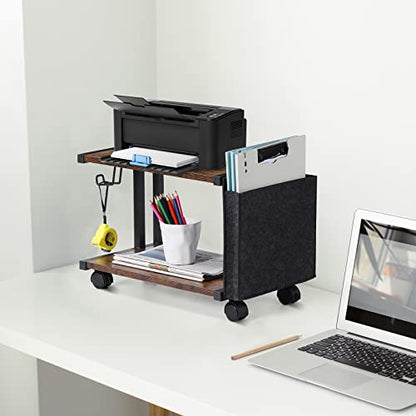 Printer Stand with Storage Bag Under Desk Printer Table on Wheels 2 Tier Small Desktop Rolling Stand Shelf for Fax Machine Scanner Files (Brown) - color: Brown