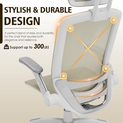 GABRYLLY Ergonomic Office Chair, High Back Home Desk Chair with Headrest, Flip-Up Arms, 90-120° Tilt Lock and Wide Cushion, 300LBS Mesh Chairs for Man Woman, White Task Chair(Beige,GY01WBG) - color: White Frame Beige Mesh