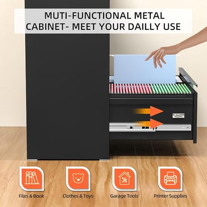 Lateral File Cabinet 2 Drawer, Black Metal File Cabinets for Home Office, Locking File Cabinet for Letter/Legal/F4/A4 Size Hanging Files, Easy Assembly