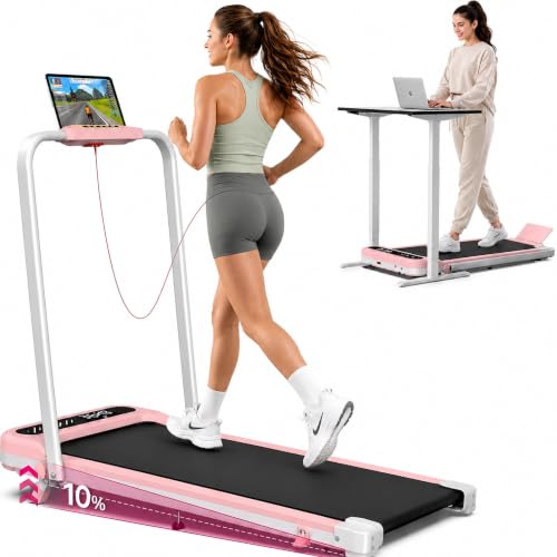 Cardirun Walking Pad with Incline and Stable Handle Bar, Foldable Treadmill | 350+ lbs Capacity, 3.0HP Quiet Under Desk Treadmills for Home, Portable Treadmill with APP, Remote Control and LED Display - color: PINK