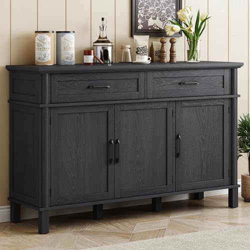 55 Inch Buffet Cabinet with Storage, Black | Farmhouse Sideboard Buffet w/2 Drawers and 3 Doors, Wood Coffee Bar Cabinet with Adjustable Shelves for Kitchen, Living Room - color: Black, size: 55 Inch