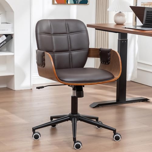 Desk Chair for Small Office, Mid Century Modern Desk Chair, Walnut Finish | Ergonomic Curved Back, Bentwood Frame, Rocking Function & 360° Swivel, Height Adjustable 19"-23", Support Up to 350 lbs - color: Coffee Brown