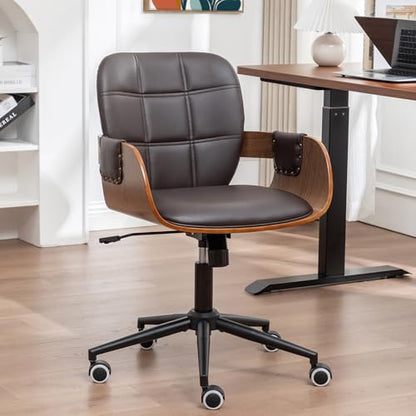 Desk Chair for Small Office, Mid Century Modern Desk Chair, Walnut Finish | Ergonomic Curved Back, Bentwood Frame, Rocking Function & 360° Swivel, Height Adjustable 19"-23", Support Up to 350 lbs - color: Coffee Brown