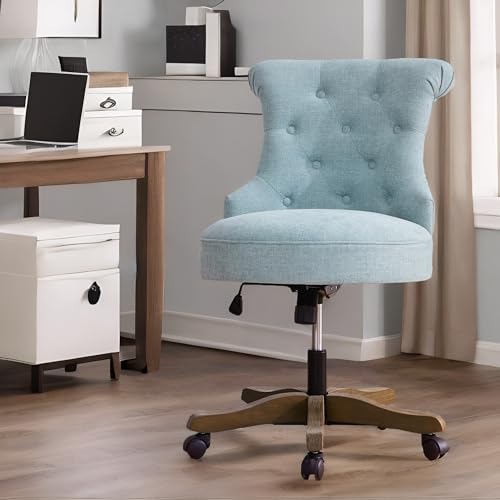 HUIMO Home Office Chair Upholstered Armless Swivel Desk Chair with Wheels | Adjustable Height Computer Desk Chair with Wooden Legs linen Comfortable Swivel Chairs for Farmhouse Study Studio Teal - color: Teal
