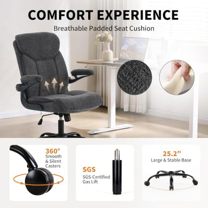 Ergonomic Home Office Chair Fabric Comfy Computer Chair, Grey | Flip-up Armrest, Height Adjustable, Lumbar Support, 360° Swivel Wheels Managerial Executive Chairs for Work Gaming Home Use - color: Grey