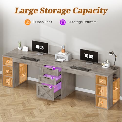 SEDETA Farmhouse 96.5" 2 Person Computer Desk with Drawers, Grey | Home Office Desk, Gaming Double Desk with Storage Shelves, Long Two Person Writing Desk - color: Grey
