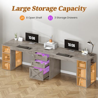 SEDETA Farmhouse 96.5" 2 Person Computer Desk with Drawers, Grey - color: Grey