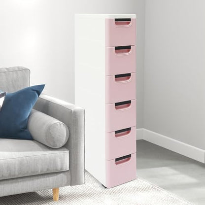 6 Drawers Narrow Storage Cabinet, Slim Rolling Cabinet with Wheels 77.16lbs Loading Capacity, Mobile Utility Cart with Drawers for Small Spaces Living Room Bedroom Office 15.7x7.9x39.4in (Light Pink) - color: Light Pink
