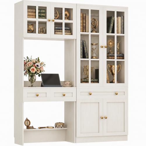 Besiost Farmhouse Desk with Bookcase, Computer Desk with Glass Hutch & Drawers, Writing Desk with Storage Cabinet for Home Office/Kitchen Pantry/Bedroom, Distressed White (55.2" L × 11.8” D × 80" H) - color: Distressed White, size: 55.2"