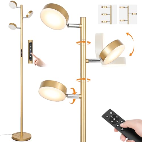JUNNAI Gold Floor Lamp for Living Room with Remote Modern Tall Standing Lamp Dimmable LED Brass Tree Floor Lamps with 3 Adjustable Heads Touch Control 4 Color Temperatures for Bedroom Office Reading - color: Gold