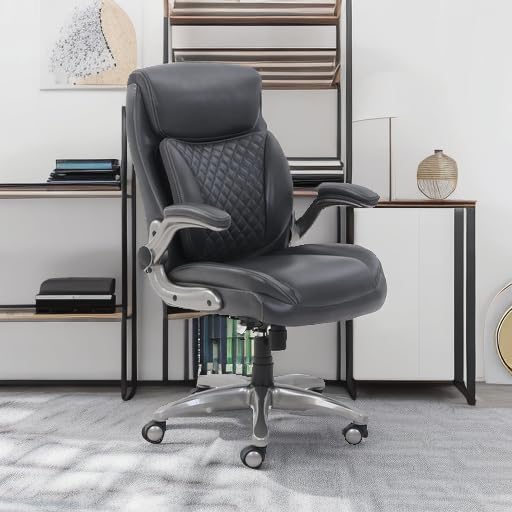 Amazon Basics Ergonomic Executive Office Chair with Adjustable Lumbar Support, Flip-up Arms, Height Adjustable, 360° Rolling Swivel, Computer Desk Chair, Grey Leather - color: Grey
