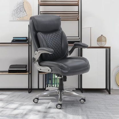 Amazon Basics Ergonomic Executive Office Chair with Adjustable Lumbar Support, Flip-up Arms, Height Adjustable, 360° Rolling Swivel, Computer Desk Chair, Grey Leather - color: Grey
