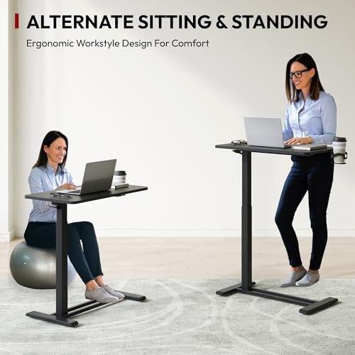 SANODESK 28''Mobile Standing Desk with Hidden Wheels,Pneumatic Laptop Desk | Computer Cart Movable Height Adjustable Table Small Sit Stand Desk for Home Office Hospital Use,27.6" W x 15.7" D, Black - color: Black, size: 28x16