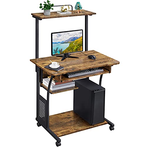 Yaheetech Small Rolling Computer Desk with Hutch and Shelves, Rustic Brown | Particle board and metal, with keyboard tray, hutch, and shelf for a monitor and tower in tight spaces, gliding on casters. - color: Rustic Brown