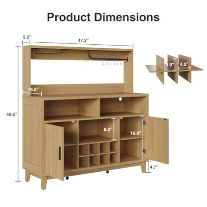 Fluted Buffet Cabinet with Storage, Modern Coffee Bar Cabinet, Natural - color: Wood Grain, size: Coffee Bar - 15.6"D x 47.2"W x 49.6"H