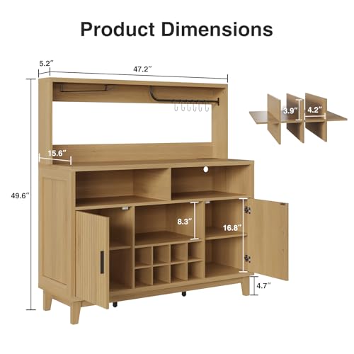 Fluted Buffet Cabinet with Storage, Modern Coffee Bar Cabinet, Natural - color: Wood Grain, size: Coffee Bar - 15.6"D x 47.2"W x 49.6"H