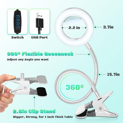 10X Magnifying Glass with Light and Stand,Hands Free Clip on Magnifier Lamp - color: Gray