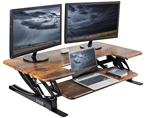 VIVO Rustic Vintage Brown 42 in Standing Desk Converter, DESK-V000VLN | Large, Height Adjustable, Stand Up Desk Riser, Wide Keyboard Tray, Dual Monitor and Laptop Workstation, Black Frame, V Series - color: Vintage Brown, size: 42"