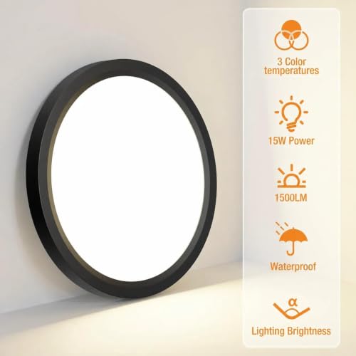 1PACK LED Flush Mount Ceiling Light Fixture, 3000K-4000K-6500K & 100W Equivalent Modern Kitchen Ceiling Lamp 15W 1500Lm 7.5 Inch Closet Round Surface for Bathroom Laundry Bedroom Hallway, Black - color: Black, size: 7.5Inch-1Pack