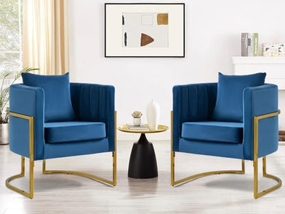 Velvet Accent Barrel Chairs Set of 2, Modern Arm Club Chair Set with Pillow for Living Room/Bedroom/Guest Reception, Channel Tufted, Gold Finish Base, Navy Blue - color: Navy Blue, size: 2 PCS