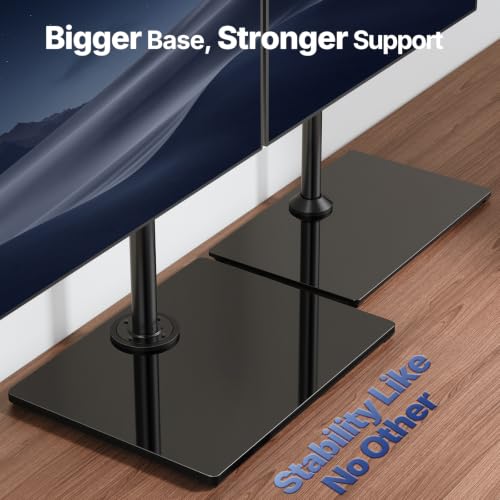 HUANUO Free Standing Triple Monitor Mount for 13-27 Inch Screens | Larger Tempered-Glass Base, Heavy Duty Thicker Steel, Tilt, Swivel, Rotation, Holds up to 22 lbs, VESA 75x75/ 100x100mm
