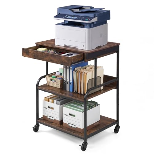 23.6''x18.9'' Printer Stand with Drawer,3 Tier Rolling Printer Cart - color: Retro Brown, size: 23.6''x18.9''