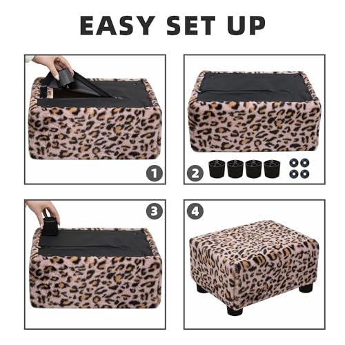 CAROLMADE Small Foot Stool Ottoman Footstool with Legs Under Desk Footrest for Living Room Bedroom and Office, Faux Fur Pink - color: Leopard Print Pink, size: 11"d X 15.4"w X 8.3"h