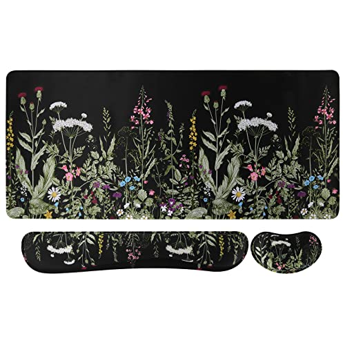 iCasso Floral Writing Pad 35.4"x15.7", Desk Protector for Workspace | Desk Mat with Ultra Thick and Keyboard Wrist Rest, Aesthetic Mouse Pad Set for School Home Workspace Computer Setup - color: 1-Weeds