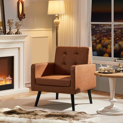 Yaheetech Mid Century Accent Chairs Set of 2 Living Room Chairs Retro Brown | Faux Leather Upholstered Sillones Para Sala, Modern Reading Nook Chairs, Button Tufted Back, Rubberwood Legs, Bedroom Office - color: Retro Brown, size: set of 2