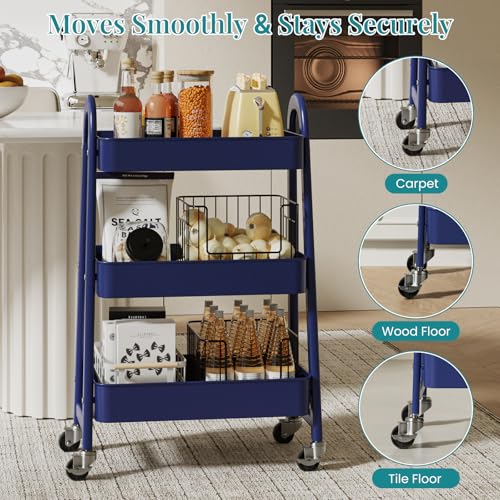 OLIXIS Metal 3 Tiers Rolling Storage Utility Cart with Lockable Wheels - color: Blue, size: 3-Tiered 17 inches