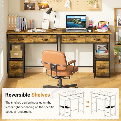 3IngSeagulls 33 Inch Small Computer Desk with Fabric Drawers, Home Office Desk with Storage Shelf, Compact Desks for Small Spaces, Teen Study Table for Bedroom, Rustic Brown