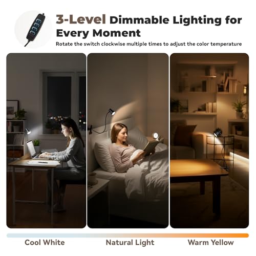 Eye-Caring Clip On Desk Lamp, 3 Color Modes & 10 Brightness LED Reading Light with Clamp, 360° Rotatable Gooseneck Reading Light, Portable Clamp Lamp for Bedroom, Office and Study (Black-Small)