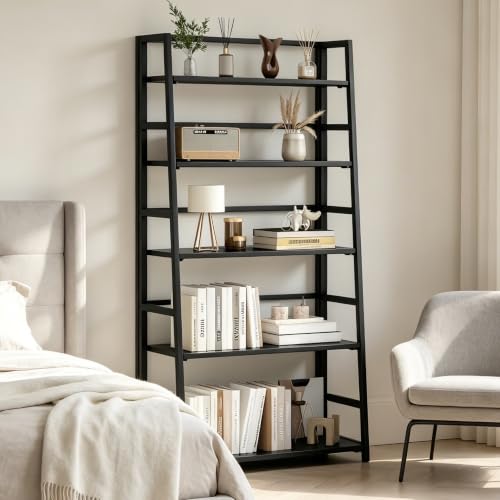 JSB 5 Tier Bookshelf, No Assembly Folding Ladder Bookshelf, 51.6in Tall Foldable Ladder Shelf, Bookcase for Home Office, Living Room,Space-Saving (All Black, 5 Tier) - color: All Black