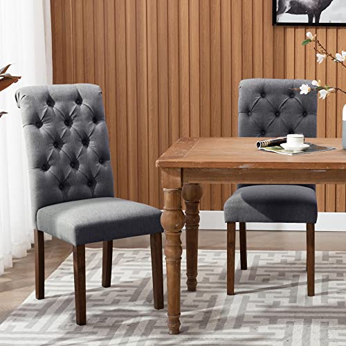 COLAMY Button Tufted Dining Chairs Set of 2, Parsons Upholstered Fabric Dining Room Chairs Kitchen Chairs with Wood Legs and Padded Seat, Dark Grey - color: Dark Grey, size: set of 2