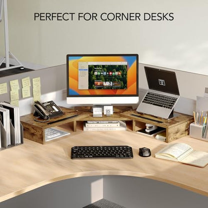 AMERIERGO Dual Monitor Stand Riser- 3 Shelf Screen Stand with Adjustable Length and Angle, 2 Extra Functional Slot Desktop Organizer Stand for PC, Computer, Laptop (Rustic Brown) - color: Rustic Brown