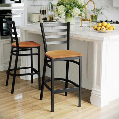 Flash Furniture HERCULES Series Black Ladder Back Metal Restaurant Barstool - Natural Wood Seat - color: Natural Wood Seat/Black Metal Frame, size: Set of 1