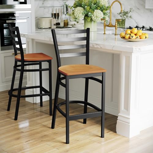 Flash Furniture 2 Pack HERCULES Series Black Ladder Back Metal Restaurant Barstool - Natural Wood Seat - color: Natural Wood Seat/Black Metal Frame, size: Set of 2