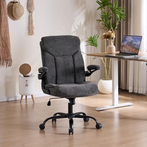 Ergonomic Home Office Chair Fabric Comfy Computer Chair, Grey | Flip-up Armrest, Height Adjustable, Lumbar Support, 360° Swivel Wheels Managerial Executive Chairs for Work Gaming Home Use - color: Grey