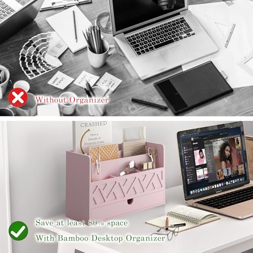 Wisuce Bamboo Mail Organizer with Drawer, Countertop Desk Organizer (Pink) | Made from Natural Bamboo Multi-Compartment Design Built-In Drawer No Assembly Required - color: Pink