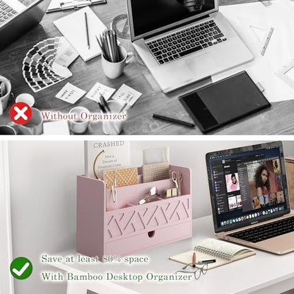 Wisuce Bamboo Mail Organizer with Drawer, Countertop Desk Organizer (Pink) | Made from Natural Bamboo Multi-Compartment Design Built-In Drawer No Assembly Required - color: Pink