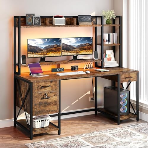 DWVO 59.1" Computer Desk with Hutch, Drawers, Power & LED, Rustic Brown - color: Rustic Brown