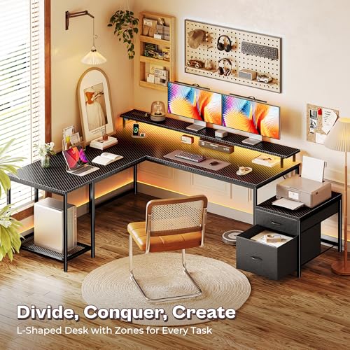 PRAISUN 66" L Shaped Gaming Desk with LED Lights & Power Outlets - color: Carbon Fiber Black