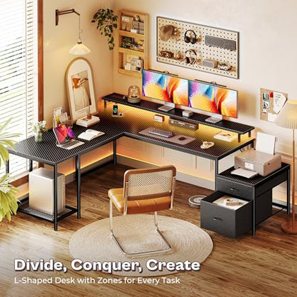 PRAISUN 66" L Shaped Gaming Desk with LED Lights & Power Outlets - color: Carbon Fiber Black