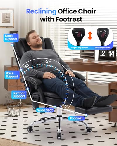 Massage Office Chair with Footrest, High Back Executive Chair, Ergonomic Desk Chair with Removable Pillow, 2 Lumbar Massage Points, Reclining, Leather Computer Chair, Black - color: Ocs10-black