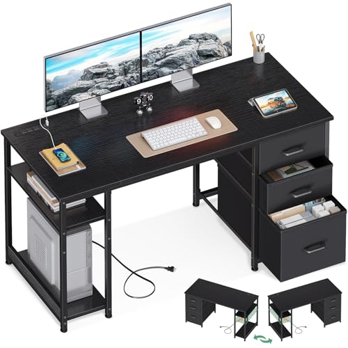 AODK 51 Inch Computer Desk with Drawers & USB Power Outlets - color: Black, size: 51 Inch