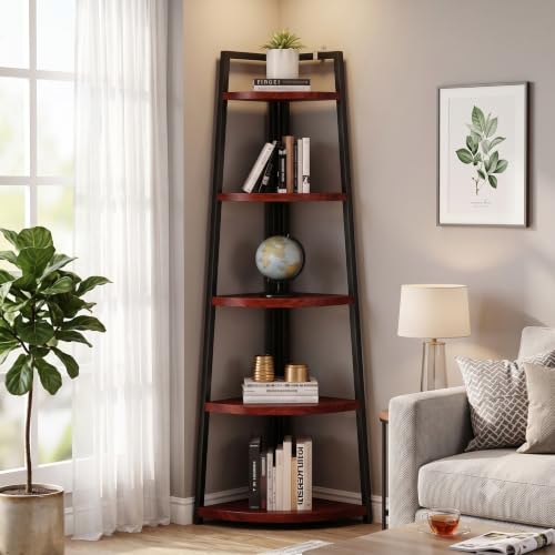 5 Tier Tall Corner Shelf,70 inch Solid Wood Rustic Corner Bookshelf Bookcase Industrial Ladder Shelf,Display Wooden Plant Stand Shelving Unit Shelf for Living Room,Kitchen,Home Office (Mahogany) - color: Mahogany