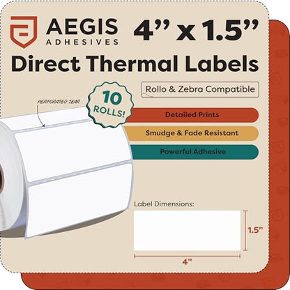 4" X 1.5" Direct Thermal Labels (9000 Count, 10 Rolls) - Barcode Labels | Wide Thermal Sticker Roll for Carton and Product Identification - Compatible With Zebra and Rollo Printers - Aegis Adhesives - size: 4" X 1.5"