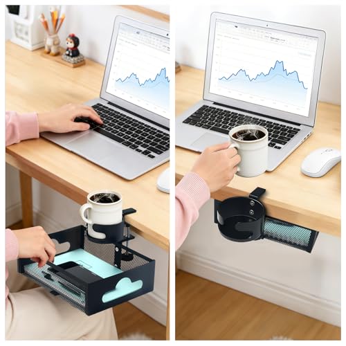 Under Desk Organizer 360° Swivel with Cup Holder,Holds Up to 7lbs | 360° rotation,no-drill clamp,holds up to 7lbs, cup holder,mesh storage,office/kitchen/art use - size: with holder cup