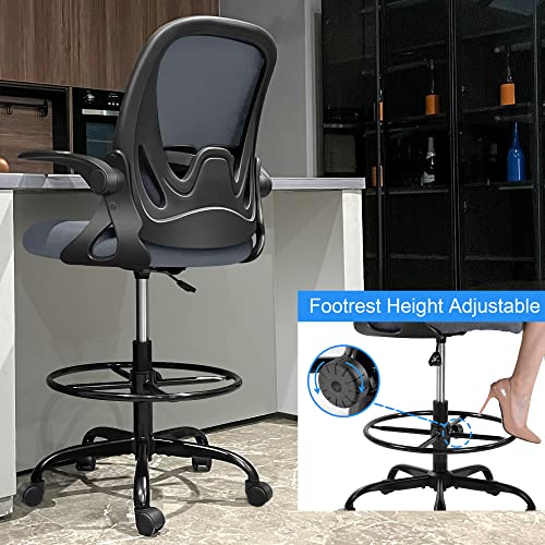 Primy Drafting Chair Tall Office Chair with Flip-up Armrests Executive Ergonomic Computer Standing Desk Chair with Lumbar Support and Adjustable Footrest Ring（Dark Gray） - color: Dark Gray, size: 934-Z